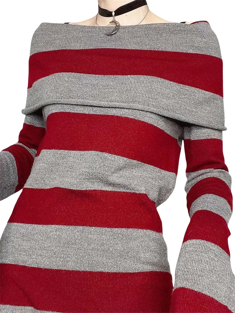 Women Autumn Dress Striped Boat-Neck Long Sleeve - Image 6