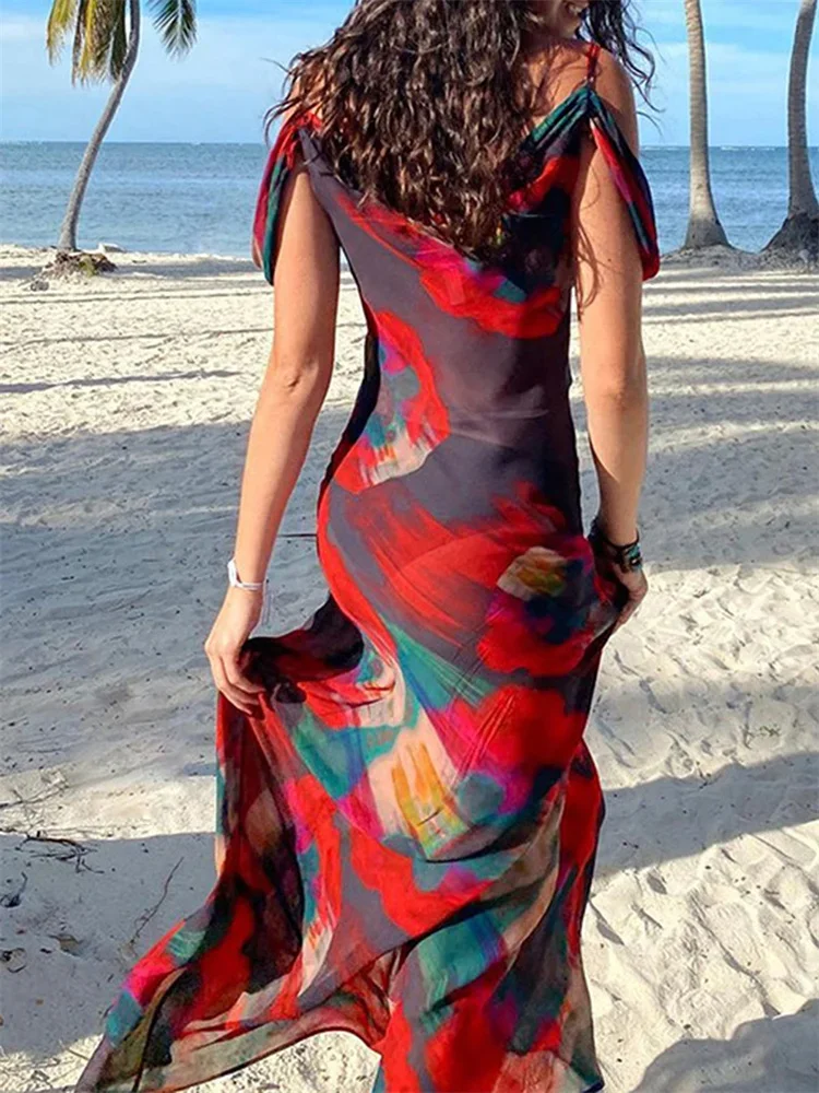 Women´s Print Mesh Long Dress Off - Image 3