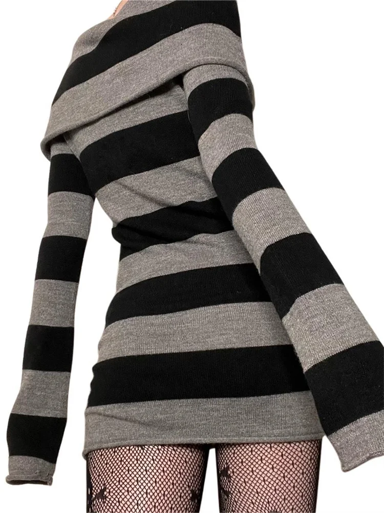 Women Autumn Dress Striped Boat-Neck Long Sleeve - Image 3