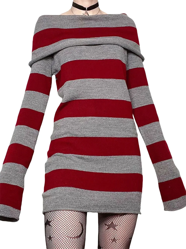 Women Autumn Dress Striped Boat-Neck Long Sleeve - Image 5