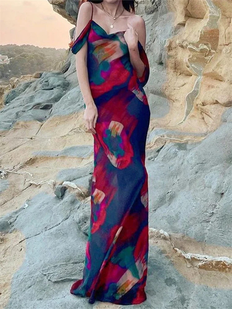 Women´s Print Mesh Long Dress Off - Image 4