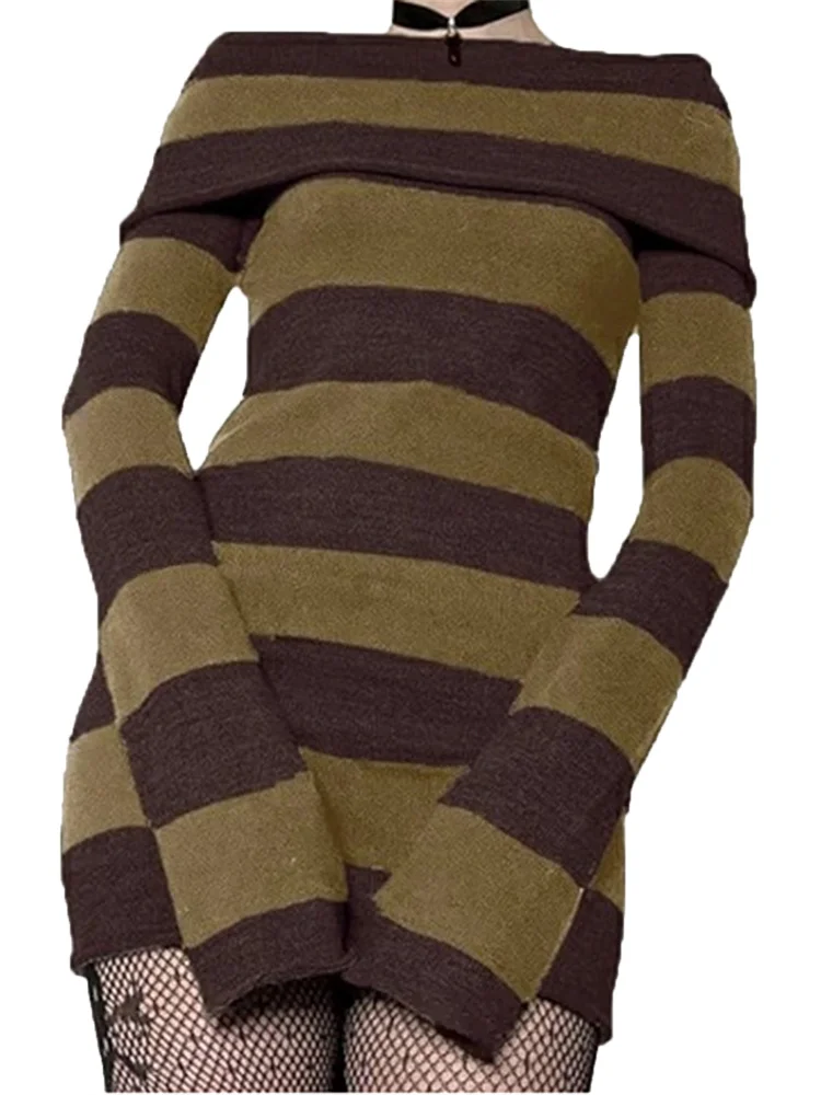 Women Autumn Dress Striped Boat-Neck Long Sleeve - Image 4