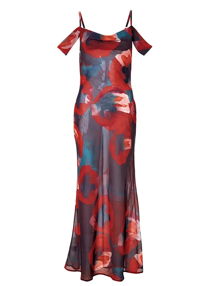 Women´s Print Mesh Long Dress Off - Image 6