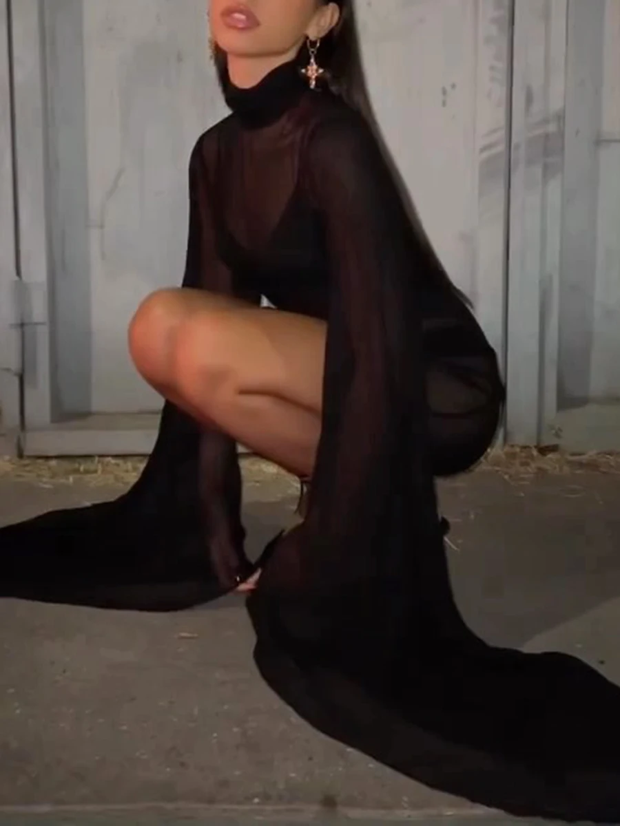 Women Cover-up Dress Flare Sleeve Turtleneck - Image 4